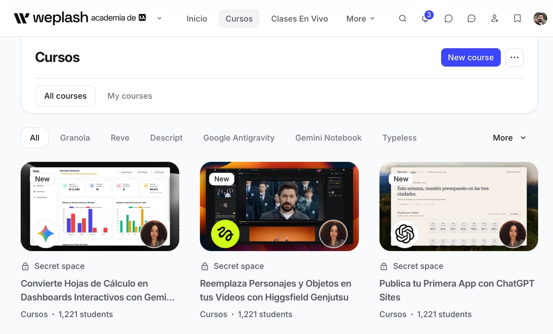 Course catalog on the Weplash AI Academy platform